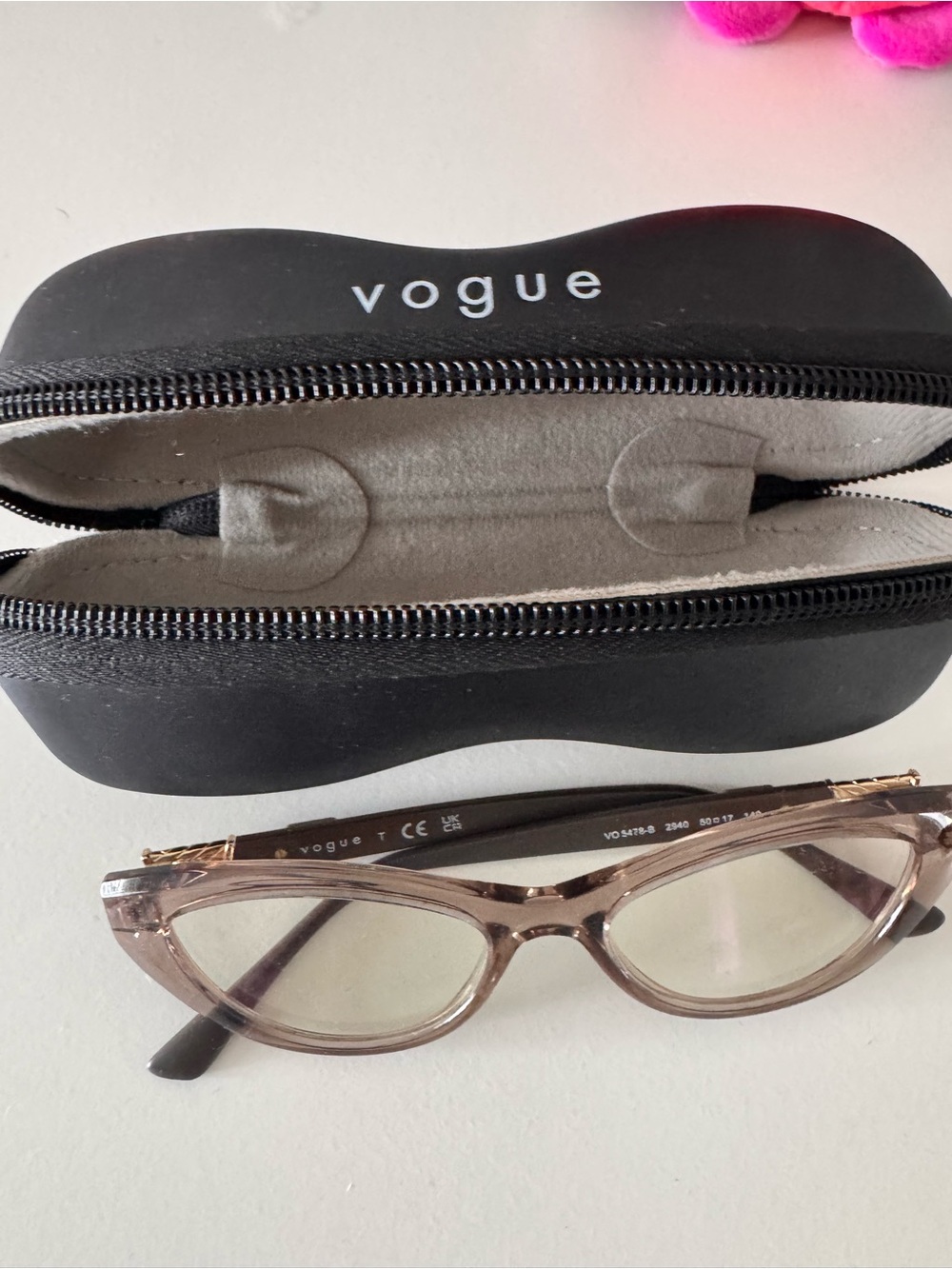 Vogue Women's Light Brown Translucent Cat-Eye Glasses with Black Zip Case